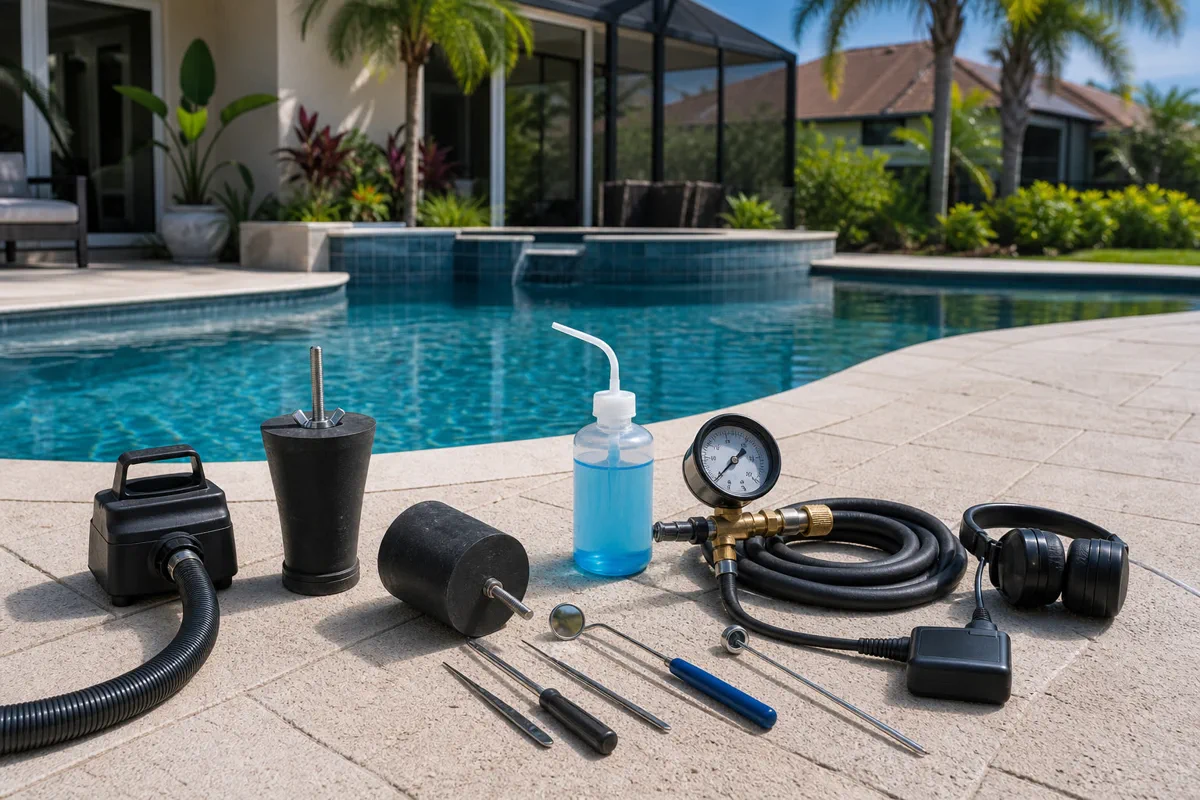 Pool leak detection equipment set up beside a Sarasota pool during a diagnostic visit